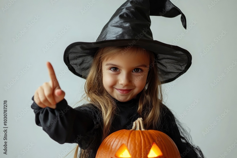 Halloween child with jack-o-lantern pumpkin pointing at you. Little child in witch hat with Halloween pumpkin. Halloween celebration on Christmas day. with generative ai Halloween child with jack-o-lantern pumpkin pointing at you. Little child in witch hat with Halloween pumpkin. Halloween celebration on Christmas day. with generative ai