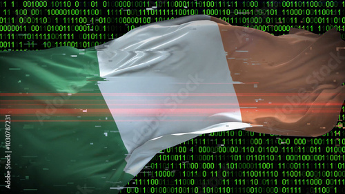 Binary code on flag of Ireland. Program source code or Hacker concept on Irish flag. Ireland digital technology security, hacking or programming