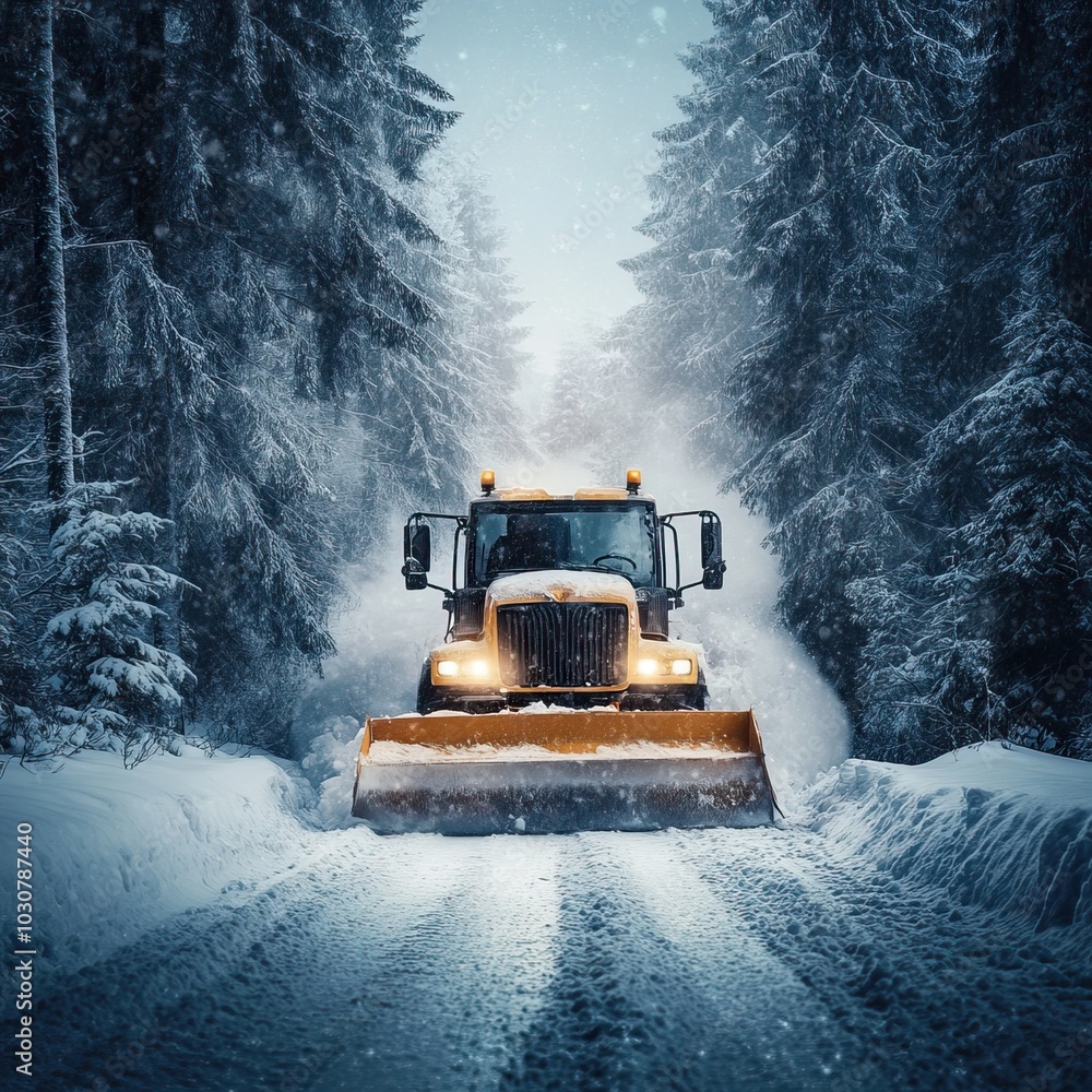 Snowplow clearing forest roads after heavy snowfall winter. AI generated image Snowplow clearing forest roads after heavy snowfall winter. AI generated image