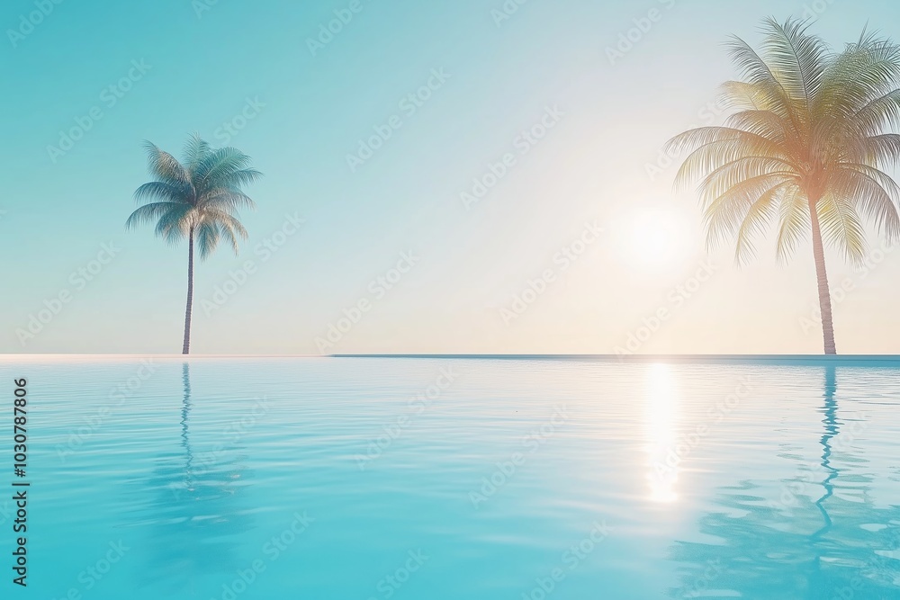 A peaceful tropical scene featuring two tall palm trees overlooking a tranquil infinity pool. The crystal-clear water reflects the soft sunlight, creating a calm and serene atmosphere. A peaceful tropical scene featuring two tall palm trees overlooking a tranquil infinity pool. The crystal-clear water reflects the soft sunlight, creating a calm and serene atmosphere.