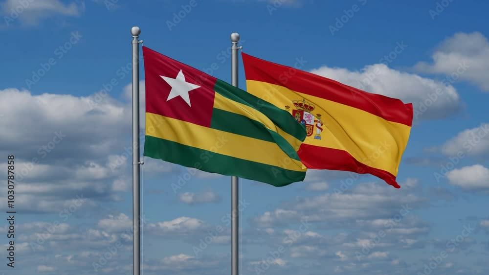 Spain and Togo flags flying together, video concept of the relationship, two country cooperation concept Spain and Togo flags flying together, video concept of the relationship, two country cooperation concept