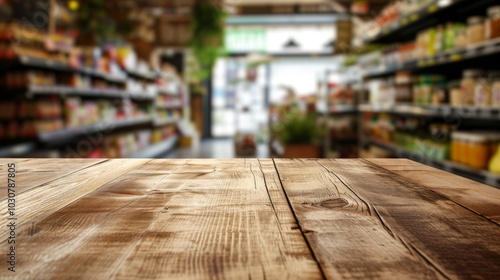 Wooden Table with Blurred Grocery Store Background