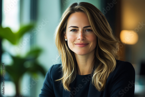 A young professional woman at a desk, her focused gaze directed slightly towards the viewer, suggesting engagement and confidence. She wears a tailored suit