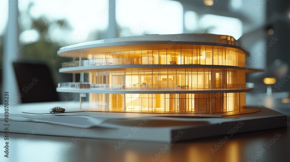 Architectural model a contemporary building, warmly lit in a design office Architectural model a contemporary building, warmly lit in a design office