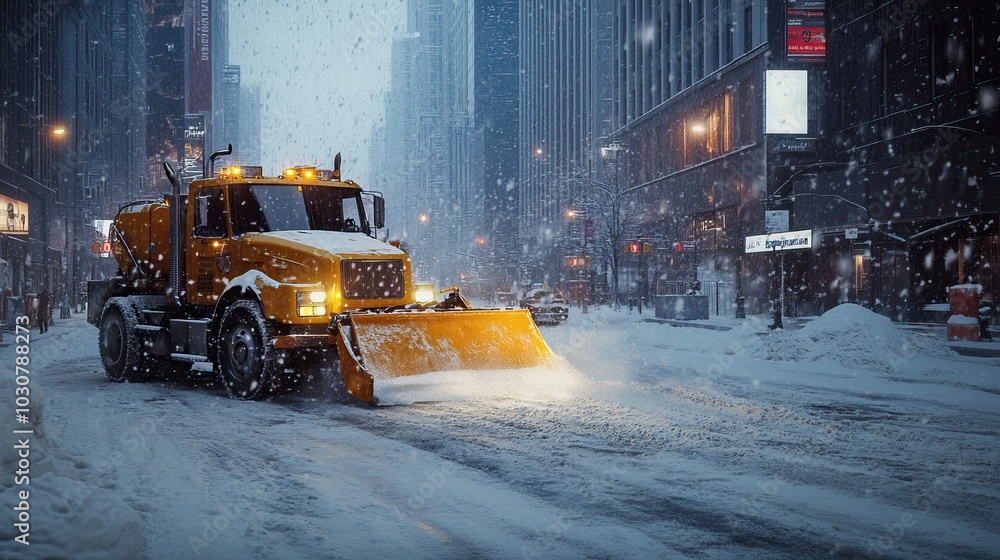 Snowplows working through the city streets during a winter storm. AI generated image Snowplows working through the city streets during a winter storm. AI generated image