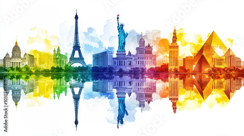 Eye-Level Flat 2D Illustration of Tall Buildings as Global Icons Desktop Wallpaper
