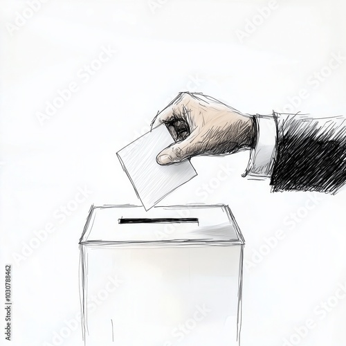 A sketch depicting a hand placing a ballot into a ballot box, symbolizing the act of voting and civic engagement, with clean lines and minimal detail for clarity.