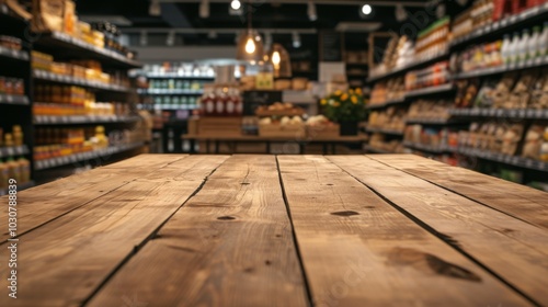 Wooden Table In A Grocery Store With Shelves Of Products