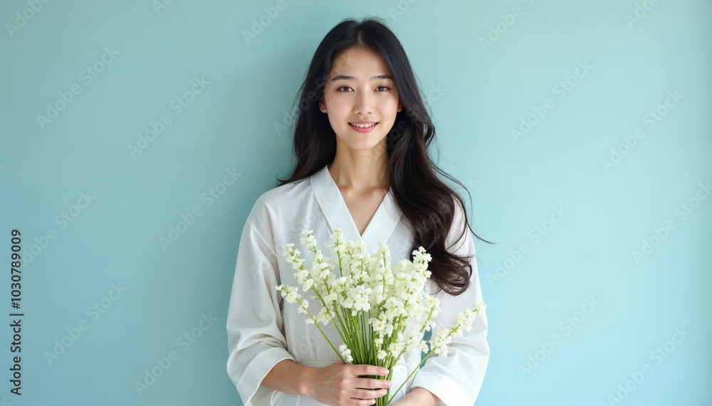Embracing Natural Beauty A Portrait of Womanhood with Fresh Blooms Against a Soft Backdrop Embracing Natural Beauty A Portrait of Womanhood with Fresh Blooms Against a Soft Backdrop