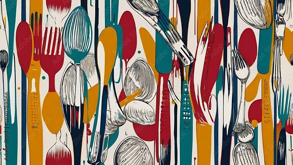 A seamless pattern of kitchen utensils like spoons, forks, and knives illustrated in clean, minimalist line art. A seamless pattern of kitchen utensils like spoons, forks, and knives illustrated in clean, minimalist line art.