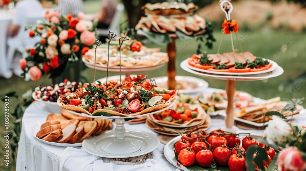 Buffet Table with Various Appetizers and Red Tomatoes Buffet Table with Various Appetizers and Red Tomatoes
