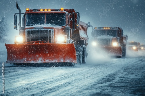 Snowplows clearing snowy roads during a winter storm. Winter AI generated image