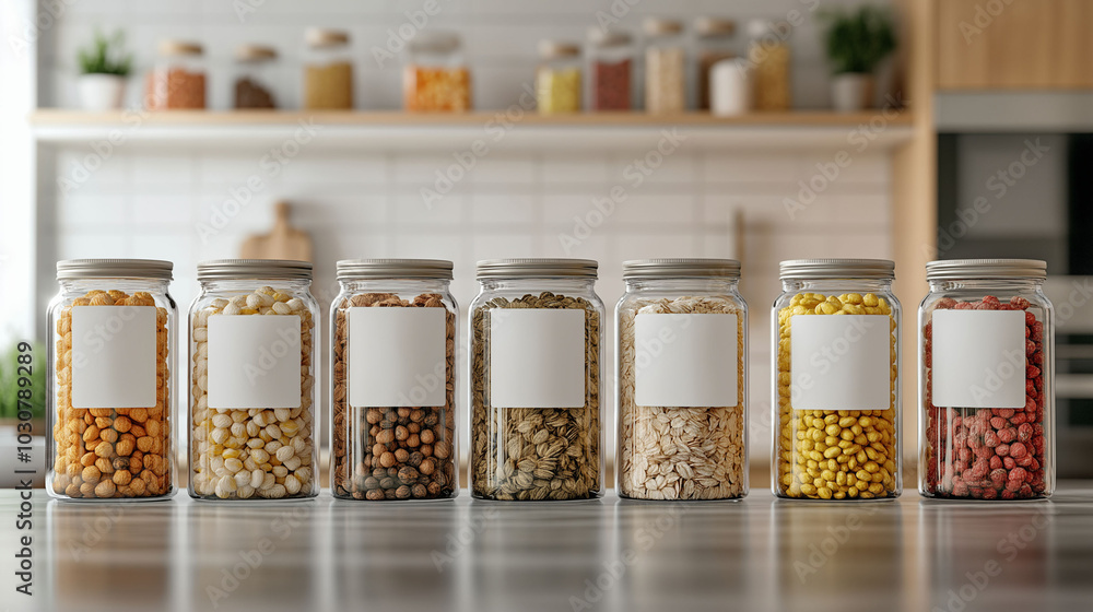 Glass jars full of cereals with blank labels standing on kitchen countertop
Glass jars full of cereals with blank labels standing on kitchen countertop