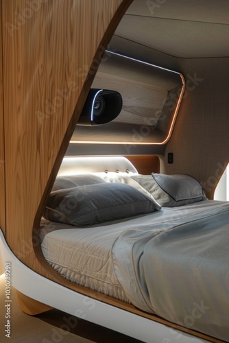 A futuristic bedroom with a smart bed that adjusts its firmness and temperature based on the sleeper's preferences, along with integrated sleep tracking technology
