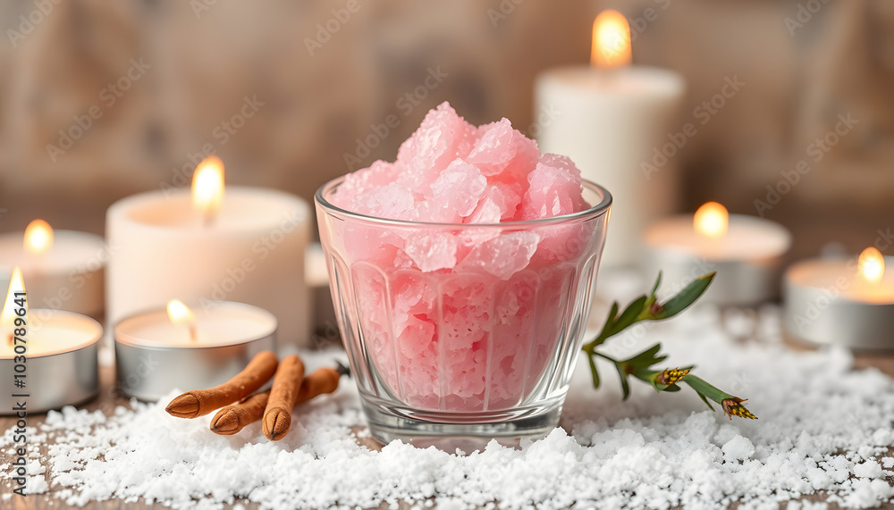 Natural pink body scrub made from sugar. Pink scrub in a glass cup on a background of candles and sugar isolated with white highlights, png Natural pink body scrub made from sugar. Pink scrub in a glass cup on a background of candles and sugar isolated with white highlights, png