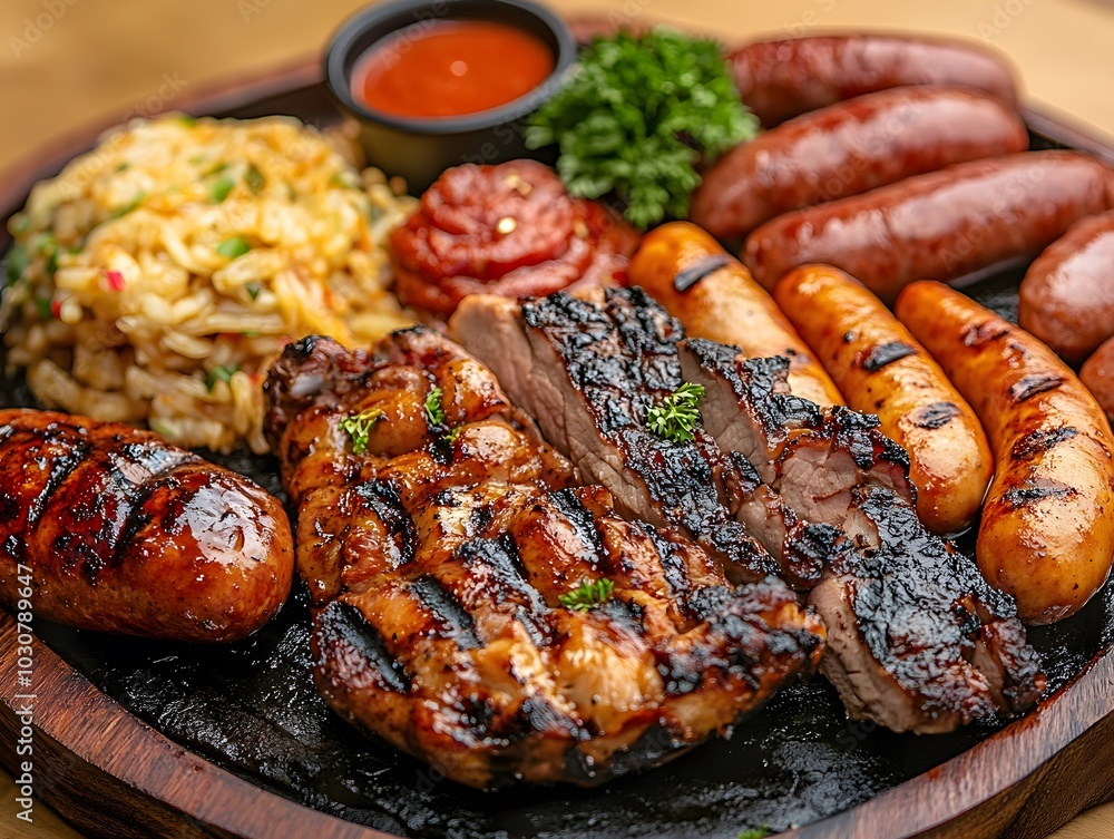 A sizzling barbecue platter with grilled chicken, beef, and sausages, served with a variety of sauces, mixed grilled platter, barbecue feast A sizzling barbecue platter with grilled chicken, beef, and sausages, served with a variety of sauces, mixed grilled platter, barbecue feast