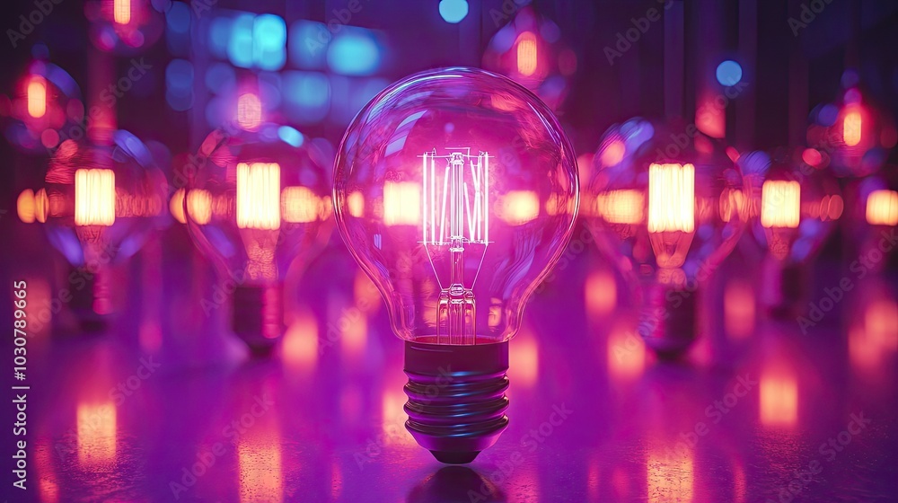 One of many incandescent lightbulbs lit on purple surface One of many incandescent lightbulbs lit on purple surface