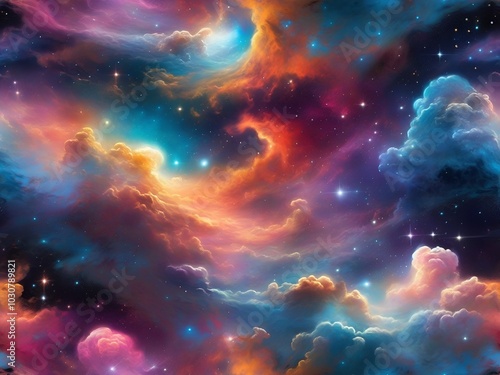 A vivid and colorful depiction of a swirling nebula with stars and glowing cosmic clouds, capturing the beauty of the universe.