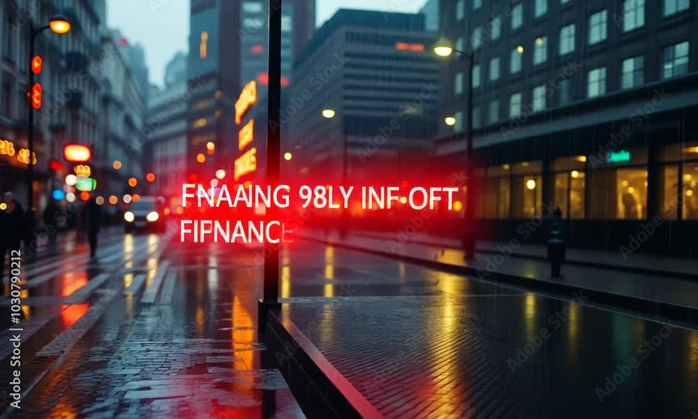 A digital display shows stock market data in a rainy urban setting. A digital display shows stock market data in a rainy urban setting.