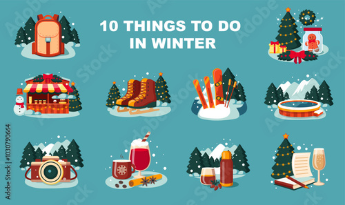 Winter Holiday Fun: 10 Christmas Activities in Flat Style Vector