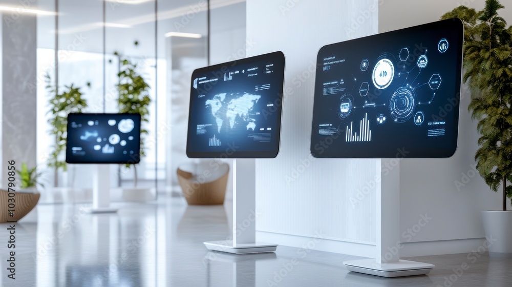 Fototapeta premium Modern Clean Office Space with Interactive Screens