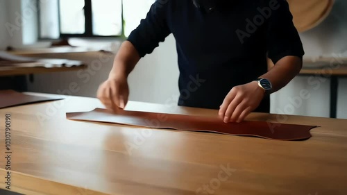 Wallpaper Mural A man is laying leather fabric on the table Torontodigital.ca