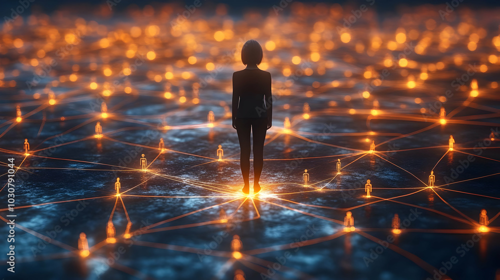 A figure stands amidst glowing connections, symbolizing networks. A figure stands amidst glowing connections, symbolizing networks.