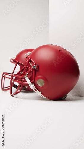 Close-up image Red American football helmets against a white backdrop photo