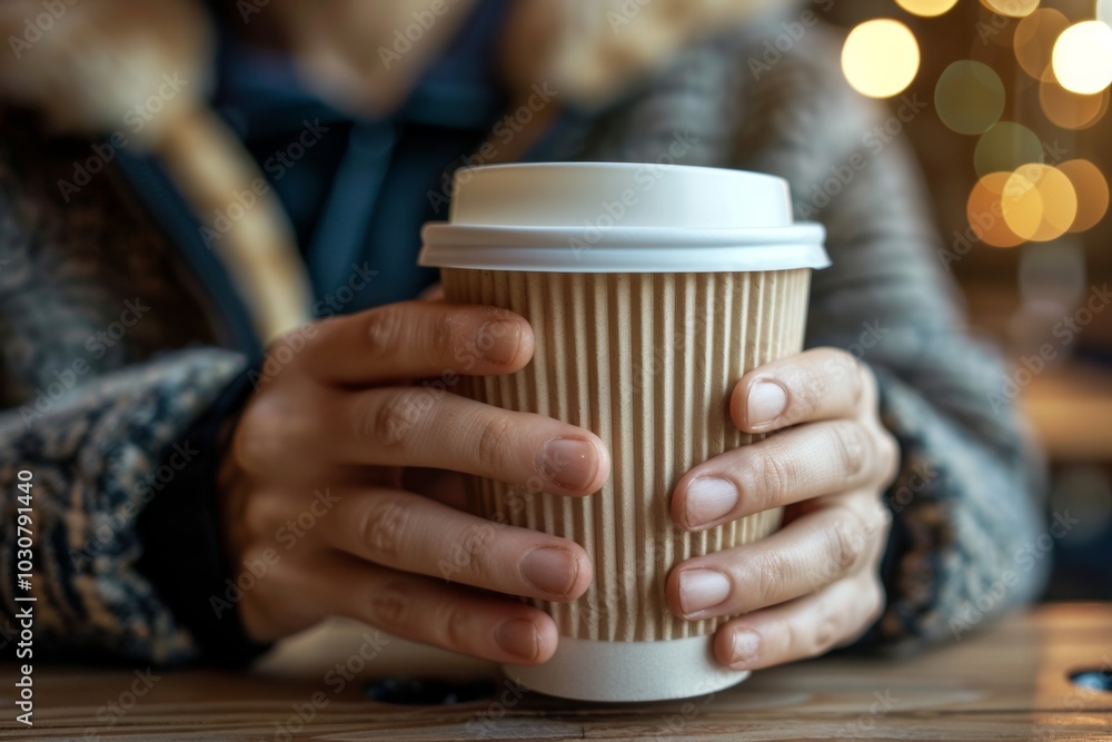 Cozy hands holding warm coffee cup with winter bokeh Cozy hands holding warm coffee cup with winter bokeh