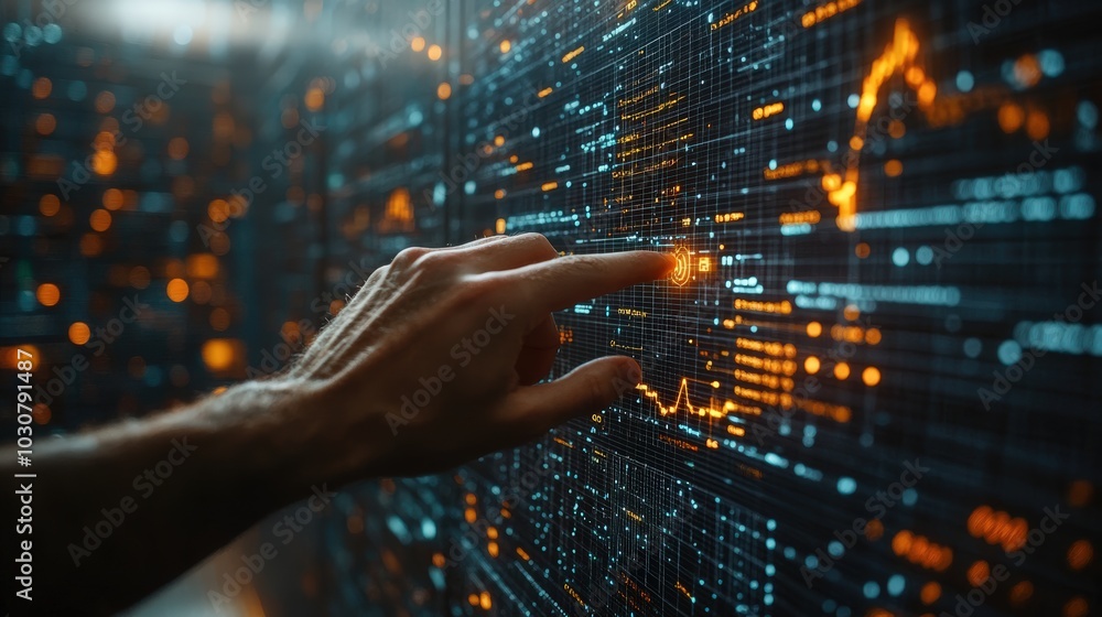 A person's hand holding a pen points to a peak in a glowing stock market graph on a digital screen, A person's hand holding a pen points to a peak in a glowing stock market graph on a digital screen,