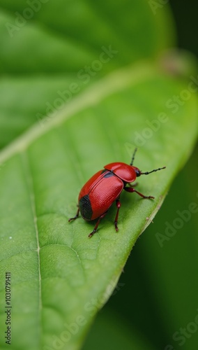 A striking image featuring a bright red lily beetle perched upon a leaf