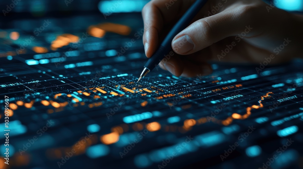 A person's hand holding a pen points to a peak in a glowing stock market graph on a digital screen, A person's hand holding a pen points to a peak in a glowing stock market graph on a digital screen,