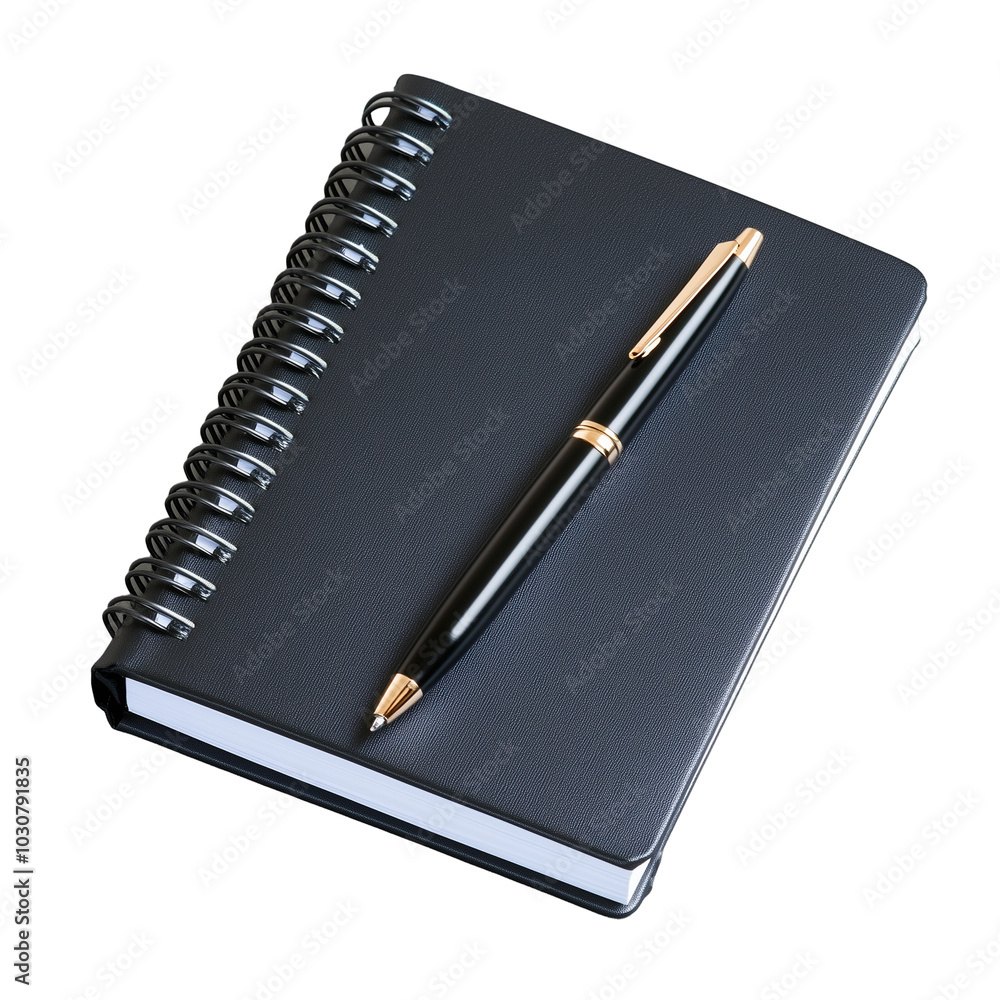Black spiral notebook with pen on transparent background Black spiral notebook with pen on transparent background