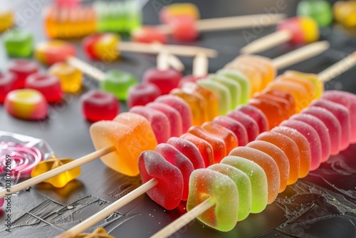 Colorful gummy candy skewers on black table photo