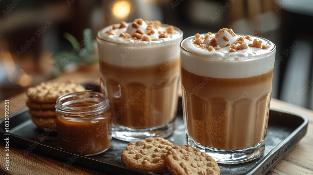 Close-up of two dessert coffee drinks served with cookies, showcasing their rich textures and inviting presentation. Close-up of two dessert coffee drinks served with cookies, showcasing their rich textures and inviting presentation.