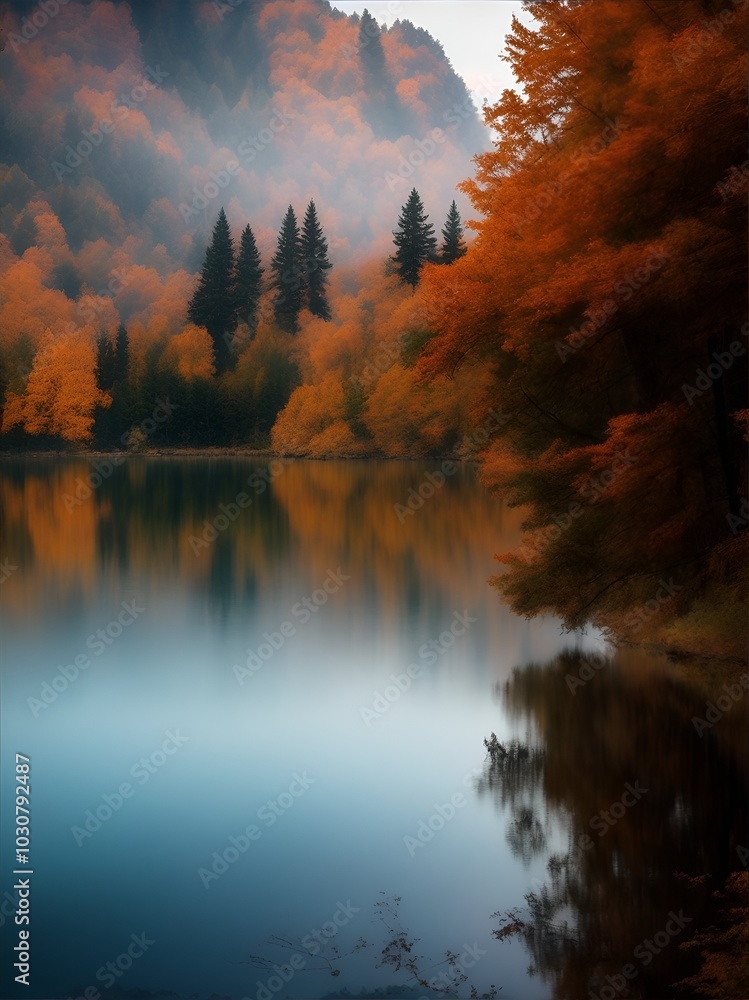 A peaceful autumn lake landscape with calm waters reflecting colorful fall trees, creating a serene and tranquil atmosphere, perfect for nature-inspired decor. A peaceful autumn lake landscape with calm waters reflecting colorful fall trees, creating a serene and tranquil atmosphere, perfect for nature-inspired decor.