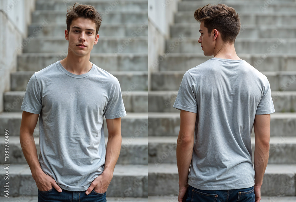 Front and back view of a male model wearing a blank Grey t-shirt. A mockup in an outdoor setting against a textured concrete wall.