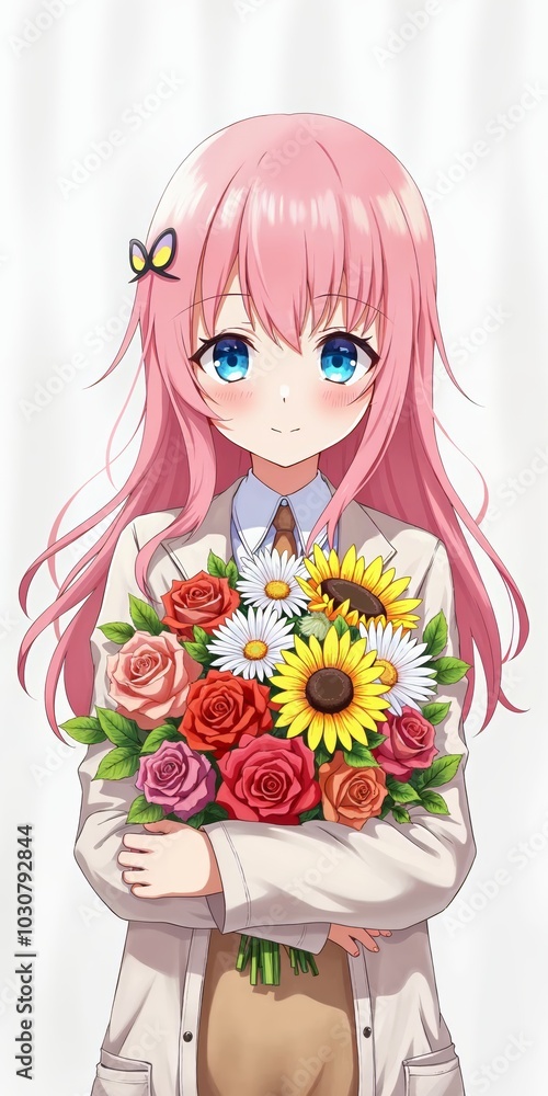 Portrait of a Young anime Girl Smiling with a Bouquet of Colorful Flowers in Her Arms Portrait of a Young anime Girl Smiling with a Bouquet of Colorful Flowers in Her Arms