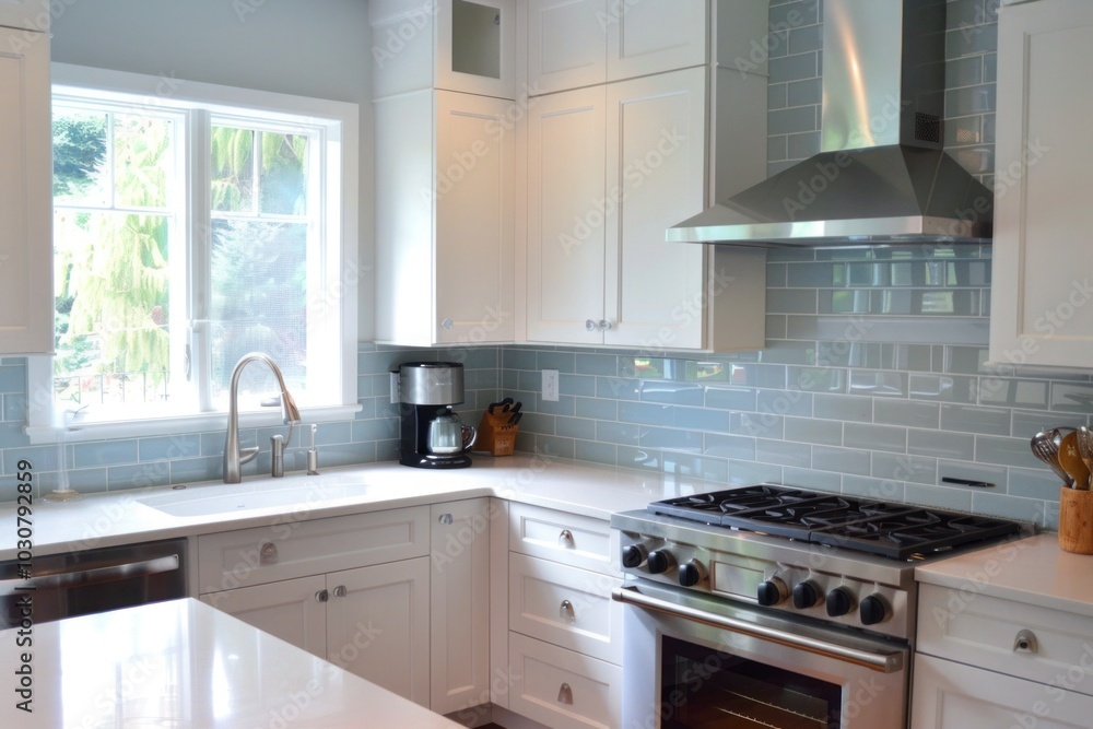 An elegant kitchen with sleek white cabinetry and countertops complemented by light blue subway tile backsplash An elegant kitchen with sleek white cabinetry and countertops complemented by light blue subway tile backsplash