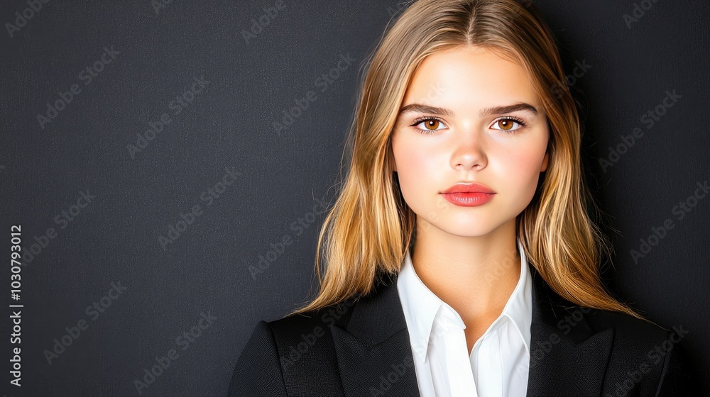 Confident woman in a black suit with red lips and ginger hair poses in a professional setting against a soft-lit backdrop Confident woman in a black suit with red lips and ginger hair poses in a professional setting against a soft-lit backdrop