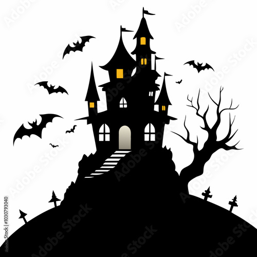 A spooky mansion on a hill with bats flying silhouette vector illustration on white background