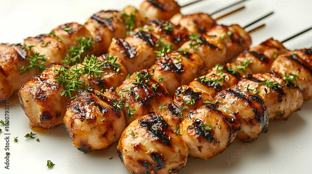 Grilled chicken skewers garnished with herbs on skewers. Grilled chicken skewers garnished with herbs on skewers.