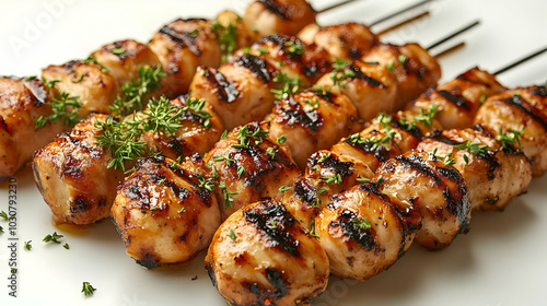 Grilled chicken skewers garnished with herbs on skewers.