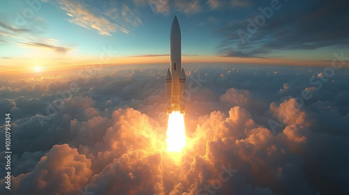 Rocket launching into the sky, surrounded by clouds at sunset.