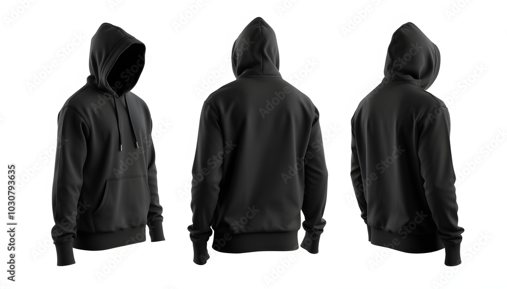 Black hooded sweatshirt on white background. Front view, back view isolated with white highlights, png