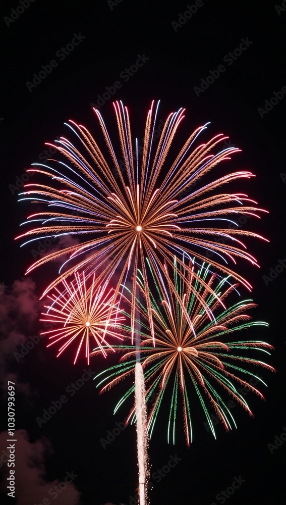 A vibrant fireworks show lights up the dark evening skies A vibrant fireworks show lights up the dark evening skies