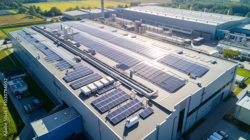 Aerial View of a Factory with Solar Panels on the Roof Aerial View of a Factory with Solar Panels on the Roof