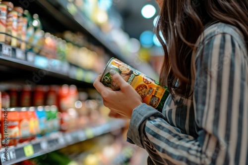 Shopping in a grocery store supermarket holding food. photo