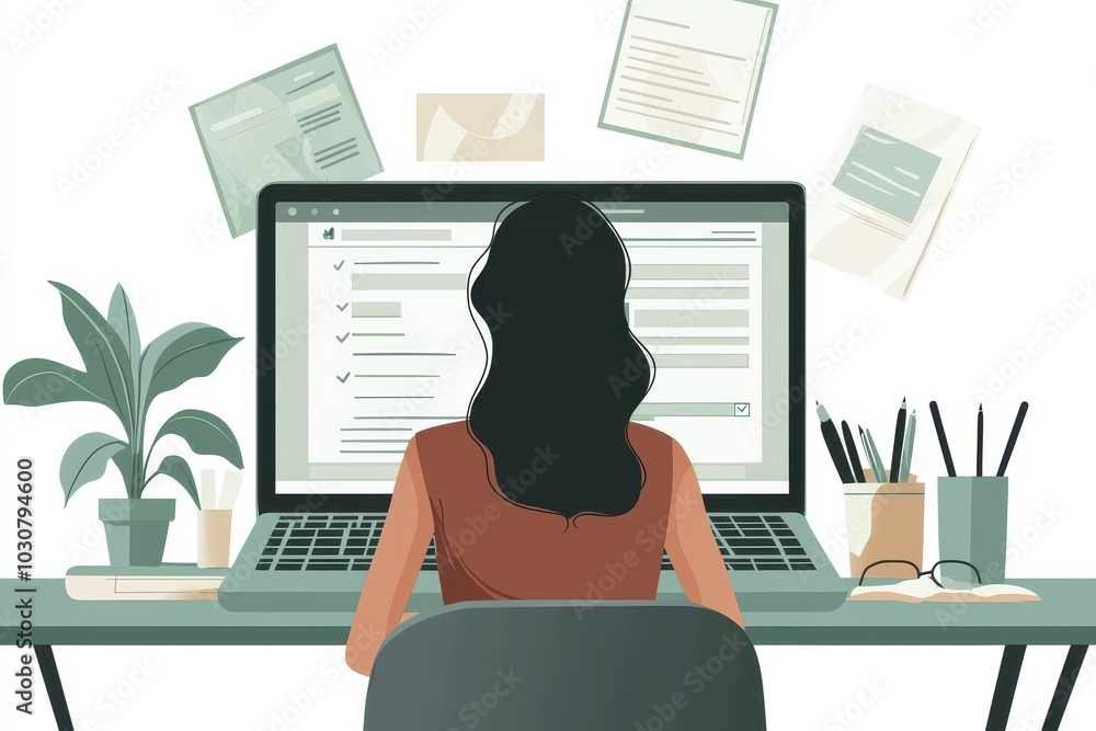 Illustration of a woman sitting at her desk, working on a computer and surrounded by office essentials filling out a form, symbolizing productivity, remote work, and a modern work environment. Illustration of a woman sitting at her desk, working on a computer and surrounded by office essentials filling out a form, symbolizing productivity, remote work, and a modern work environment.