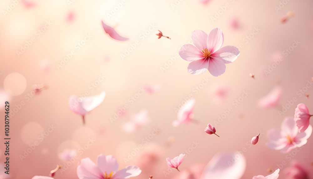 Falling cherry blossom petals with dreamy bokeh background creating whimsical atmosphere Falling cherry blossom petals with dreamy bokeh background creating whimsical atmosphere